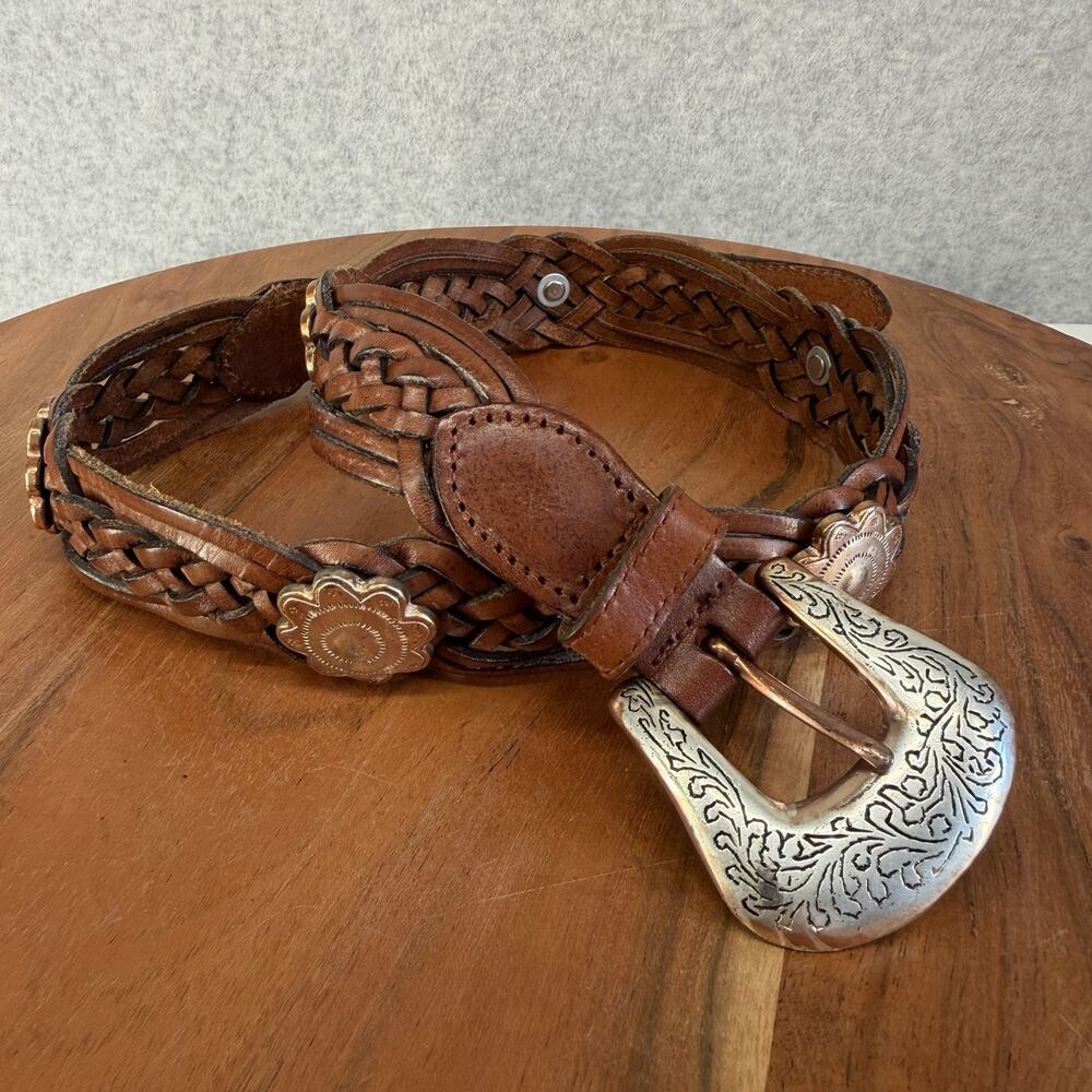 Fossil Belt Womens Med Brown Leather Braided Medallions Western Cowboy Boho
